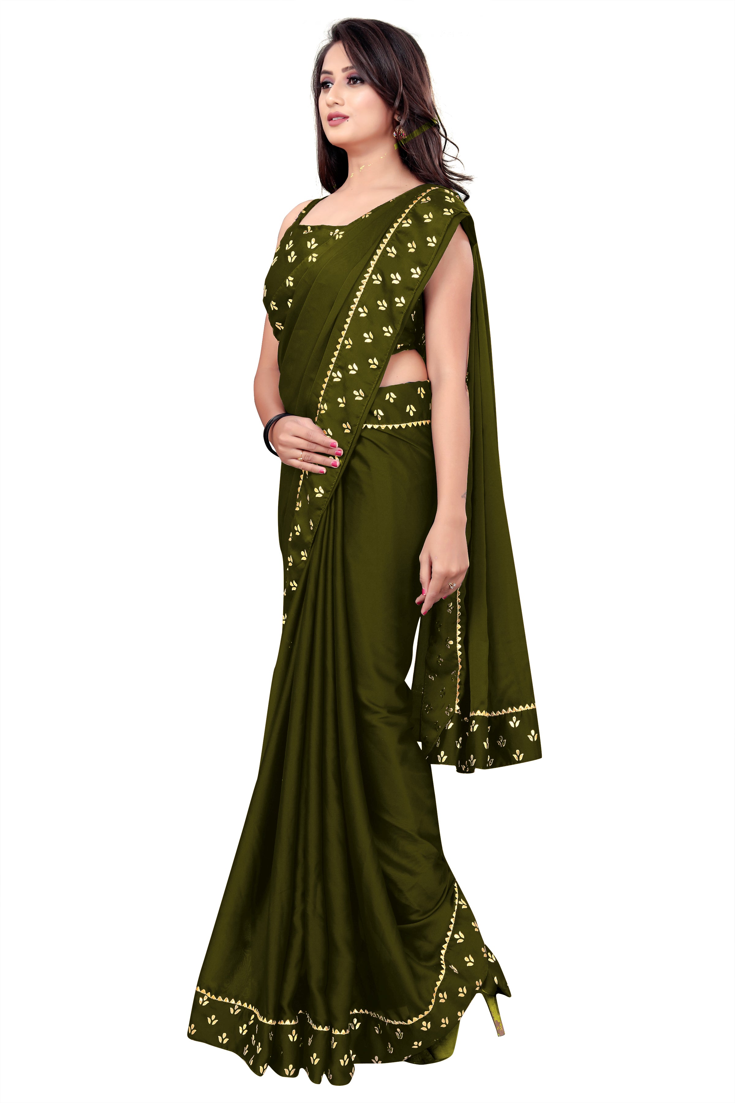 Women's Foil Emblishment Border Reception Wear Art Silk Saree With Foil Printed Blouse Piece(Mehandi Green) - NIMIDHYA