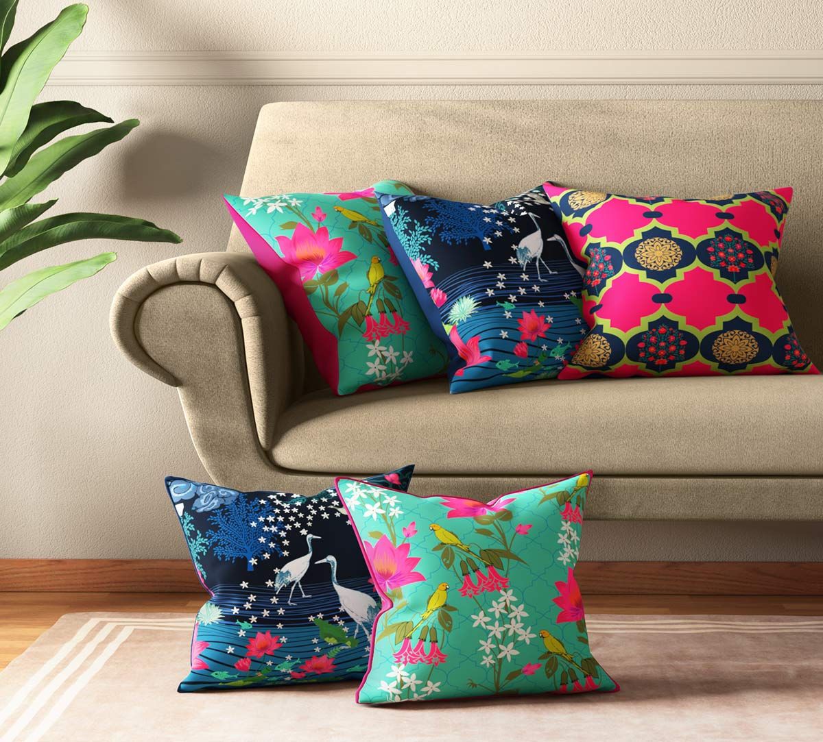 Blooms & Swans Cushion Cover Set of 5