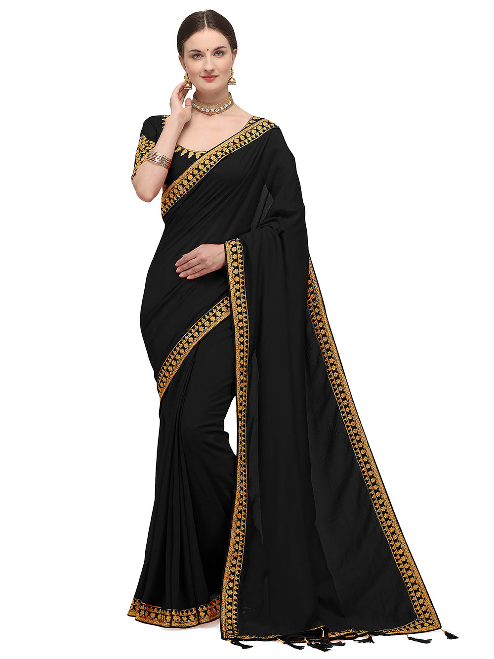 Women's Ahir Embroidery Work Border Wedding Wear Dupion Silk Saree With Blouse Piece (Black) - NIMIDHYA