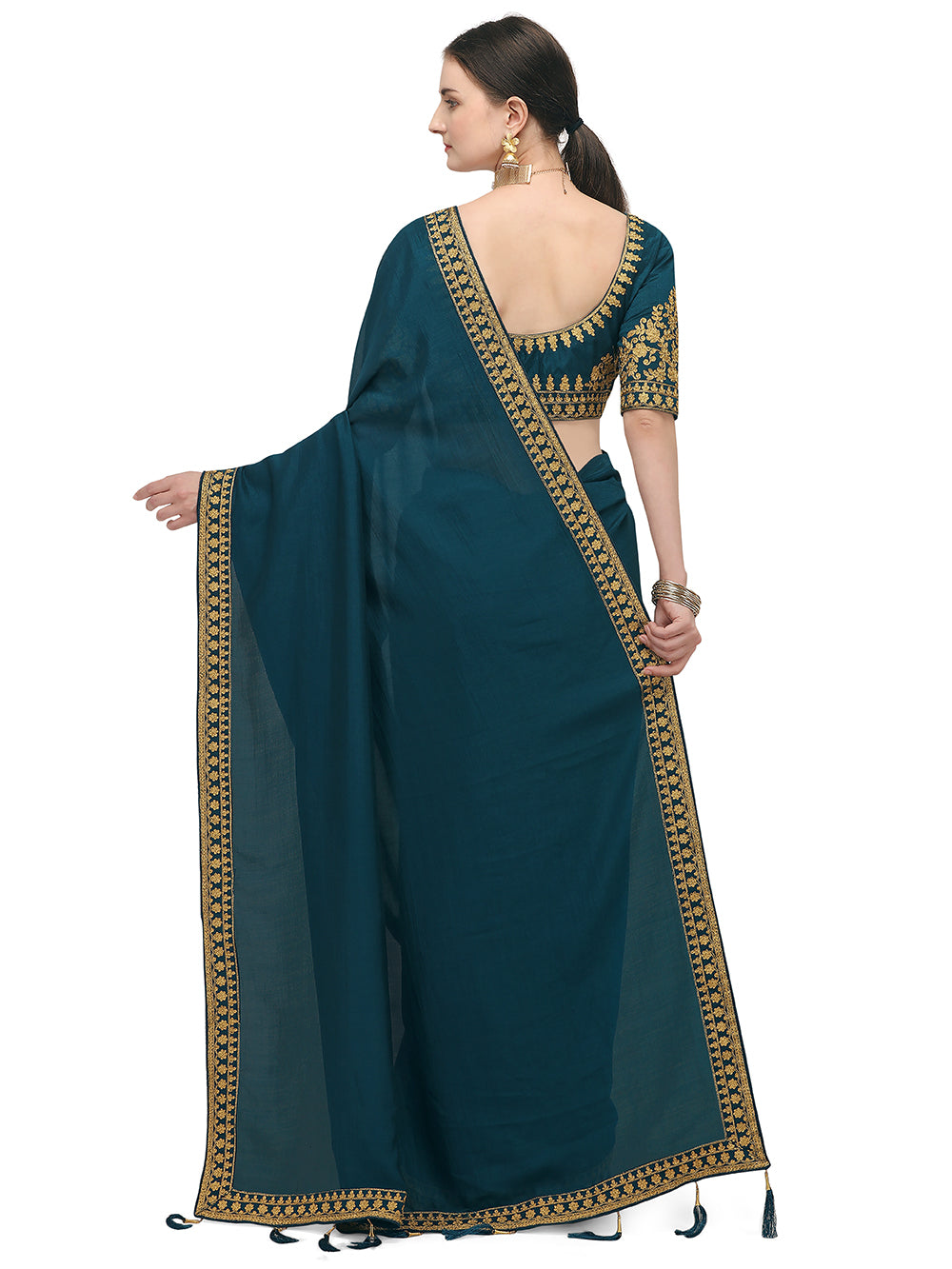 Women's Ahir Embroidery Work Border Wedding Wear Dupion Silk Saree With Blouse Piece (Blue) - NIMIDHYA