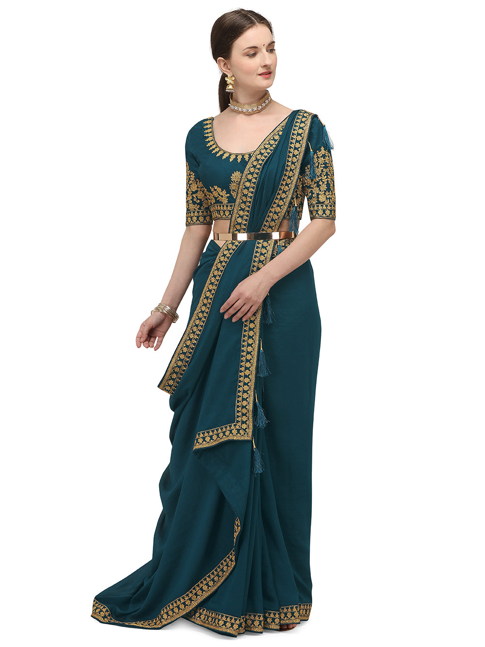 Women's Ahir Embroidery Work Border Wedding Wear Dupion Silk Saree With Blouse Piece (Blue) - NIMIDHYA