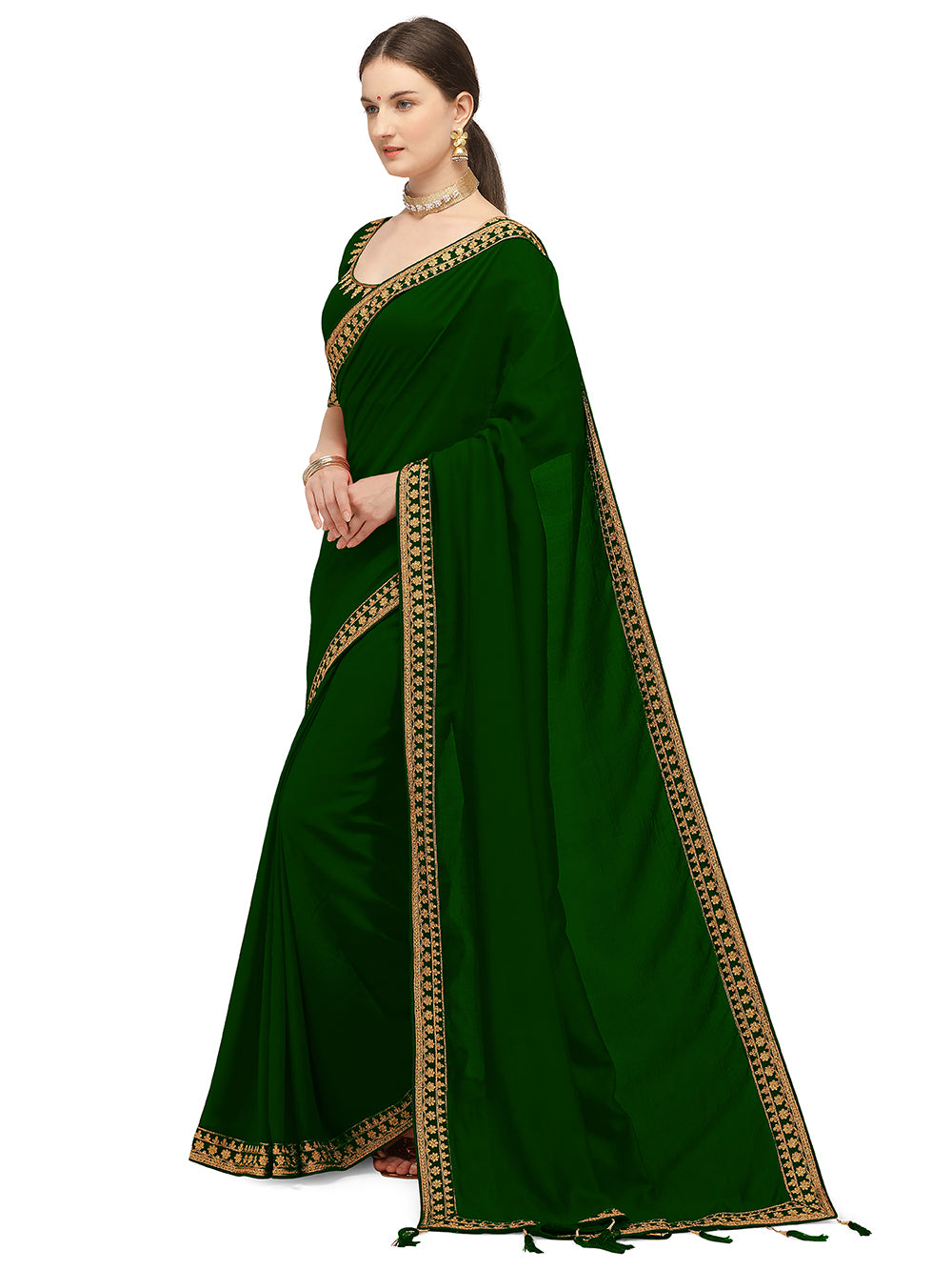Women's Ahir Embroidery Work Border Wedding Wear Dupion Silk Saree With Blouse Piece (Green) - NIMIDHYA