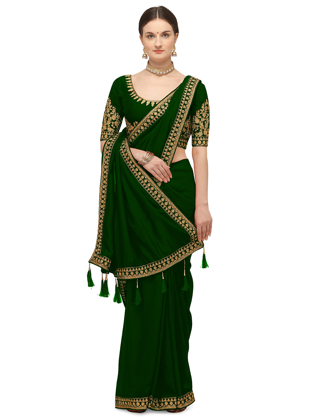 Women's Ahir Embroidery Work Border Wedding Wear Dupion Silk Saree With Blouse Piece (Green) - NIMIDHYA
