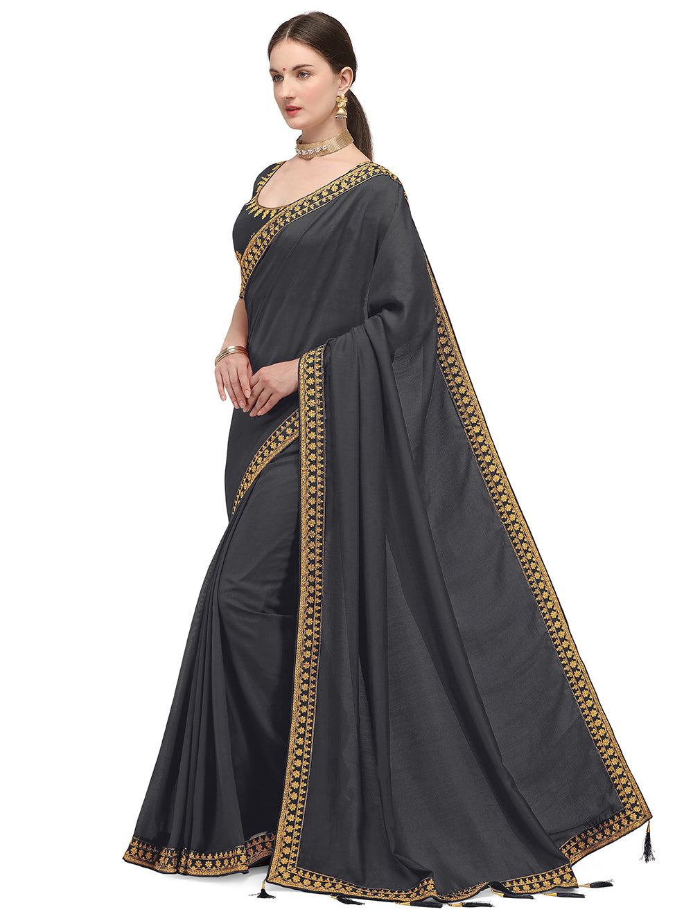 Women's Ahir Embroidery Work Border Wedding Wear Dupion Silk Saree With Blouse Piece (Grey) - NIMIDHYA