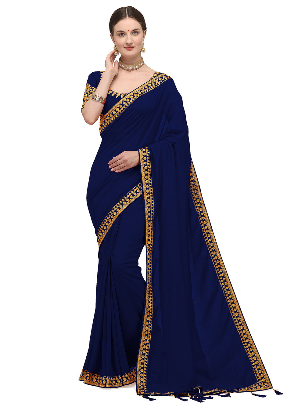 Women's Ahir Embroidery Work Border Wedding Wear Dupion Silk Saree With Blouse Piece (Nevy Blue) - NIMIDHYA