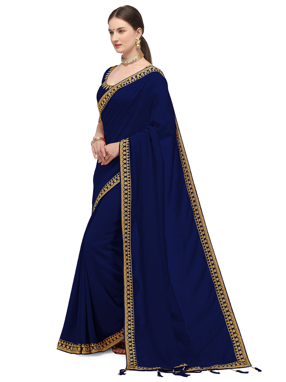 Women's Ahir Embroidery Work Border Wedding Wear Dupion Silk Saree With Blouse Piece (Nevy Blue) - NIMIDHYA