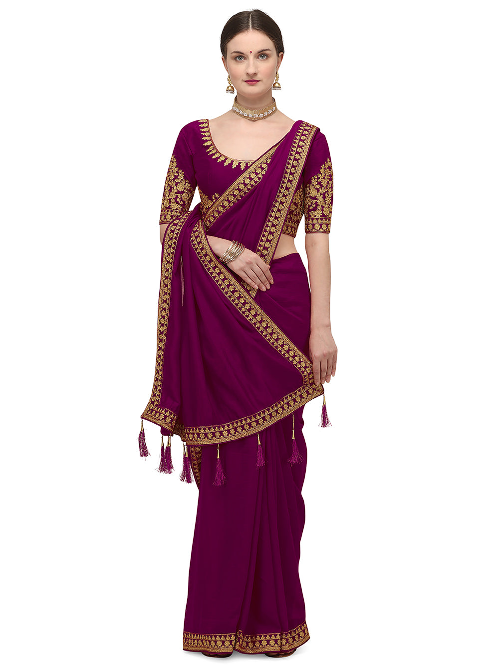 Women's Ahir Embroidery Work Border Wedding Wear Dupion Silk Saree With Blouse Piece (Purple) - NIMIDHYA