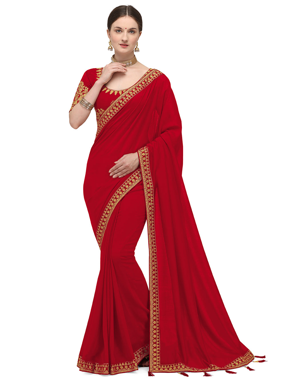 Women's Ahir Embroidery Work Border Wedding Wear Dupion Silk Saree With Blouse Piece (Red) - NIMIDHYA