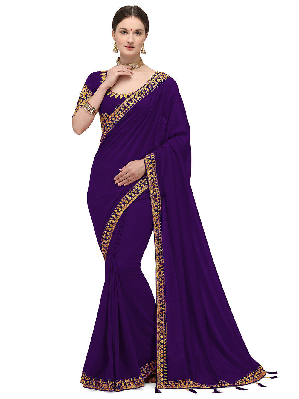 Women's Ahir Embroidery Work Border Wedding Wear Dupion Silk Saree With Blouse Piece (Violet) - NIMIDHYA