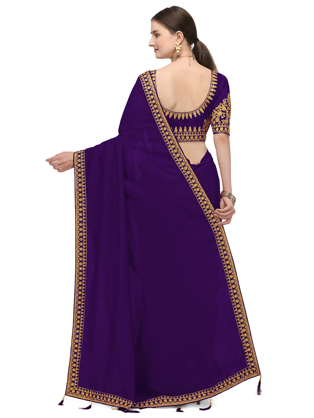 Women's Ahir Embroidery Work Border Wedding Wear Dupion Silk Saree With Blouse Piece (Violet) - NIMIDHYA