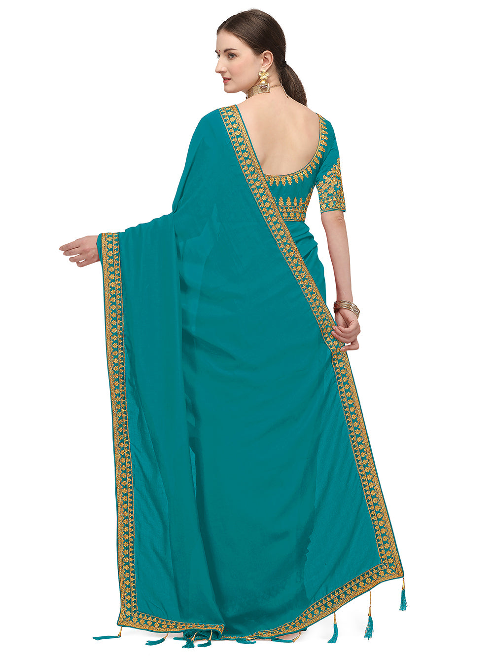 Women's Ahir Embroidery Work Border Wedding Wear Dupion Silk Saree With Blouse Piece (Sky Blue) - NIMIDHYA