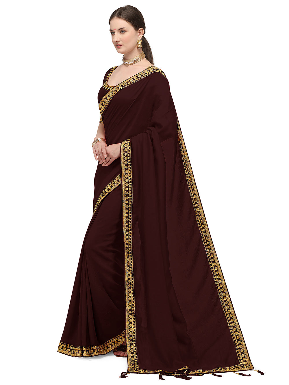 Women's Ahir Embroidery Work Border Wedding Wear Dupion Silk Saree With Blouse Piece (Coffee Brown) - NIMIDHYA