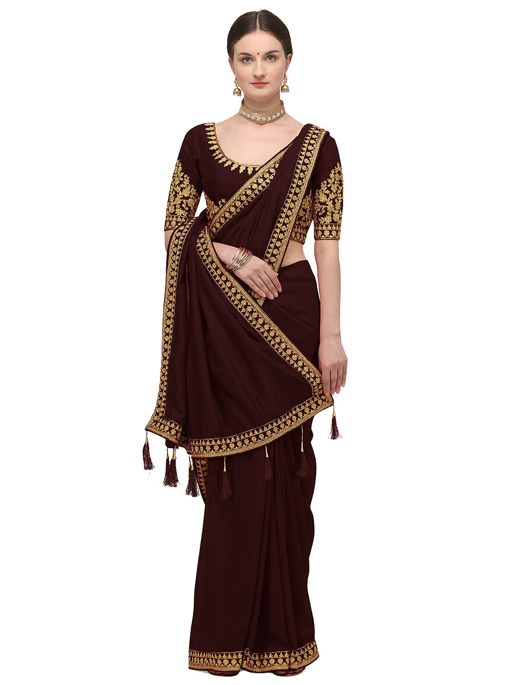 Women's Ahir Embroidery Work Border Wedding Wear Dupion Silk Saree With Blouse Piece (Coffee Brown) - NIMIDHYA