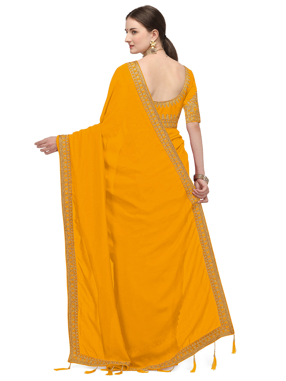 Women's Ahir Embroidery Work Border Wedding Wear Dupion Silk Saree With Blouse Piece (Mustard) - NIMIDHYA