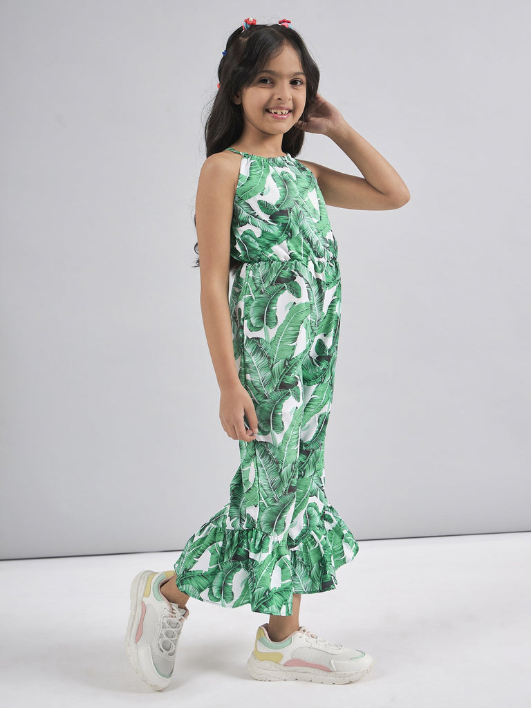 Girls Halter Neck Printed Silk Basic Jumpsuit