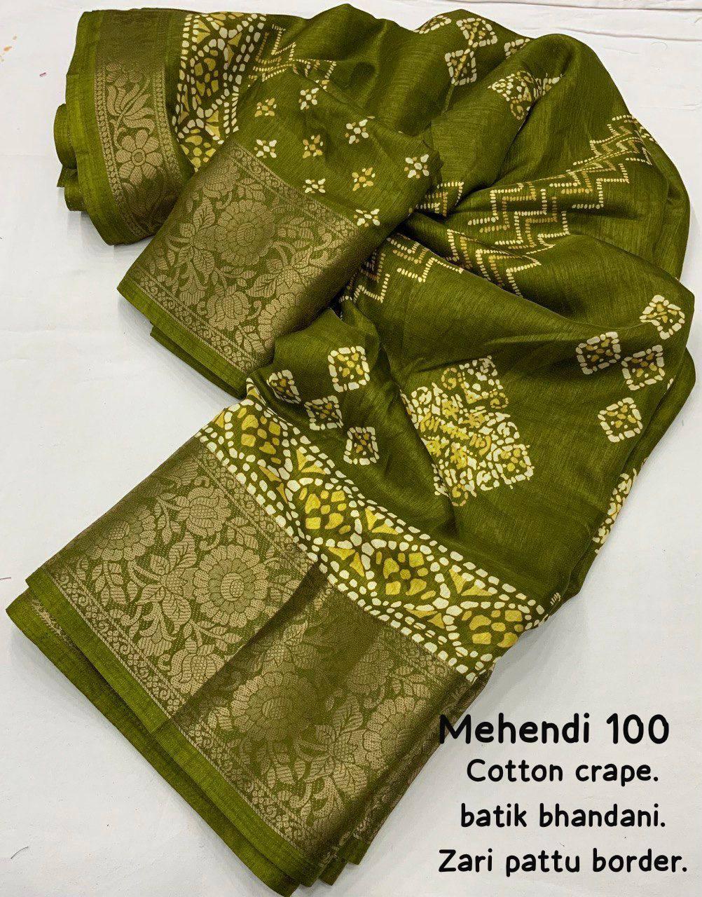 Women's Mehndi Soft Cotton Crape Saree With Blouse - A2M