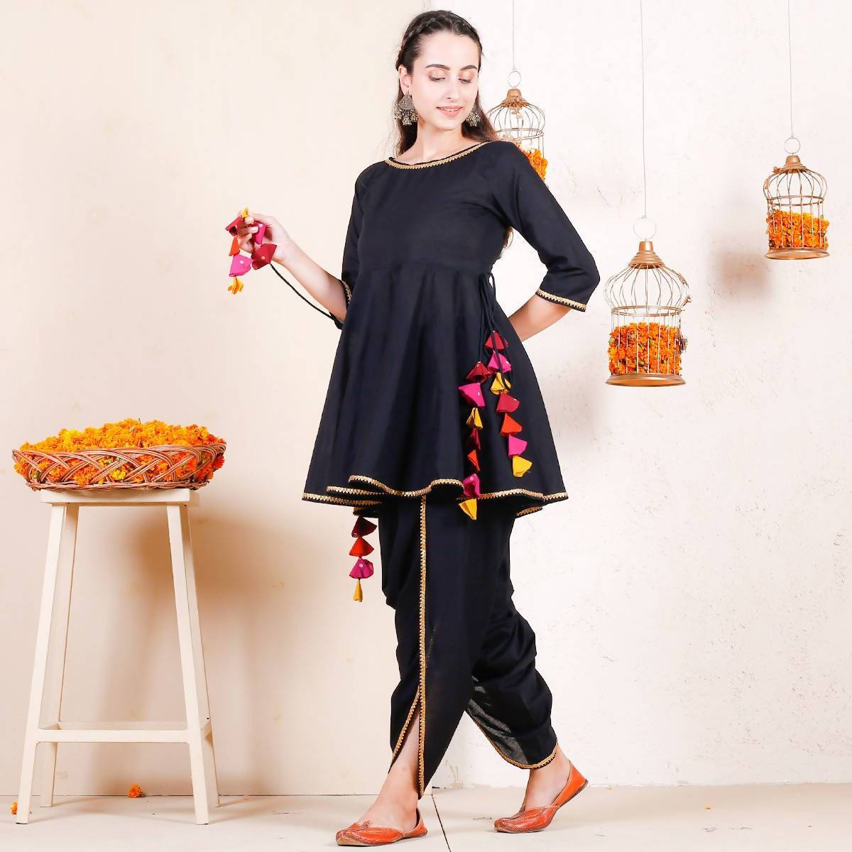 Women's Black Dhoti Peplum Top Set With Multicolour Tassels