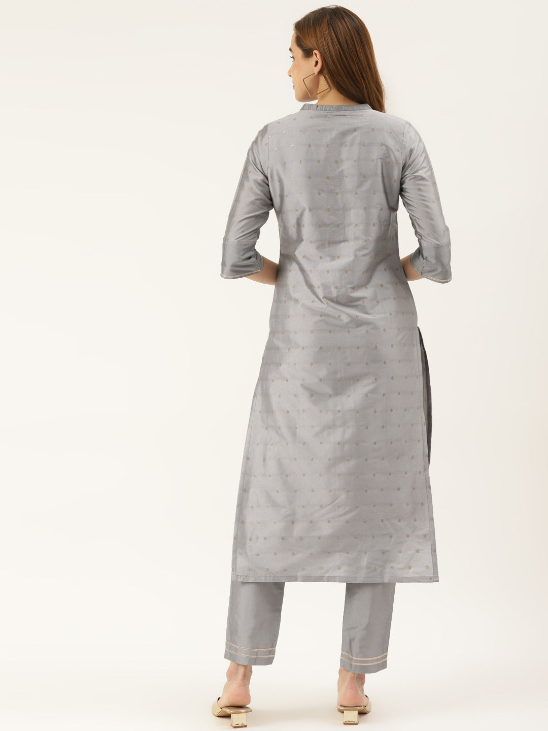 Women's Grey Color Silk Blend Straight Embellished Kurta Pant Set - Final Clearance Sale