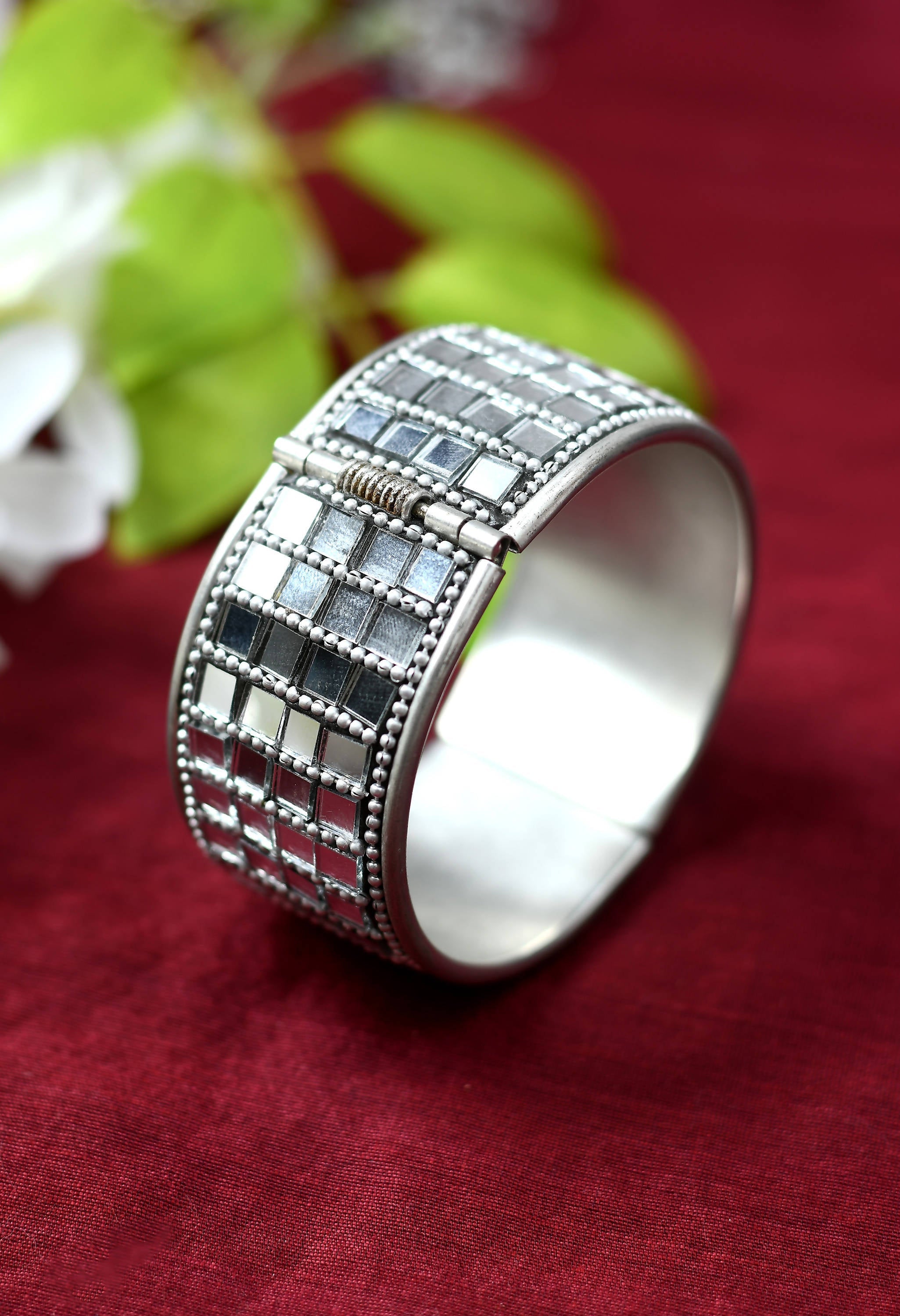 Johar Kamal Oxidised Silver-Plated Mirror Bracelet