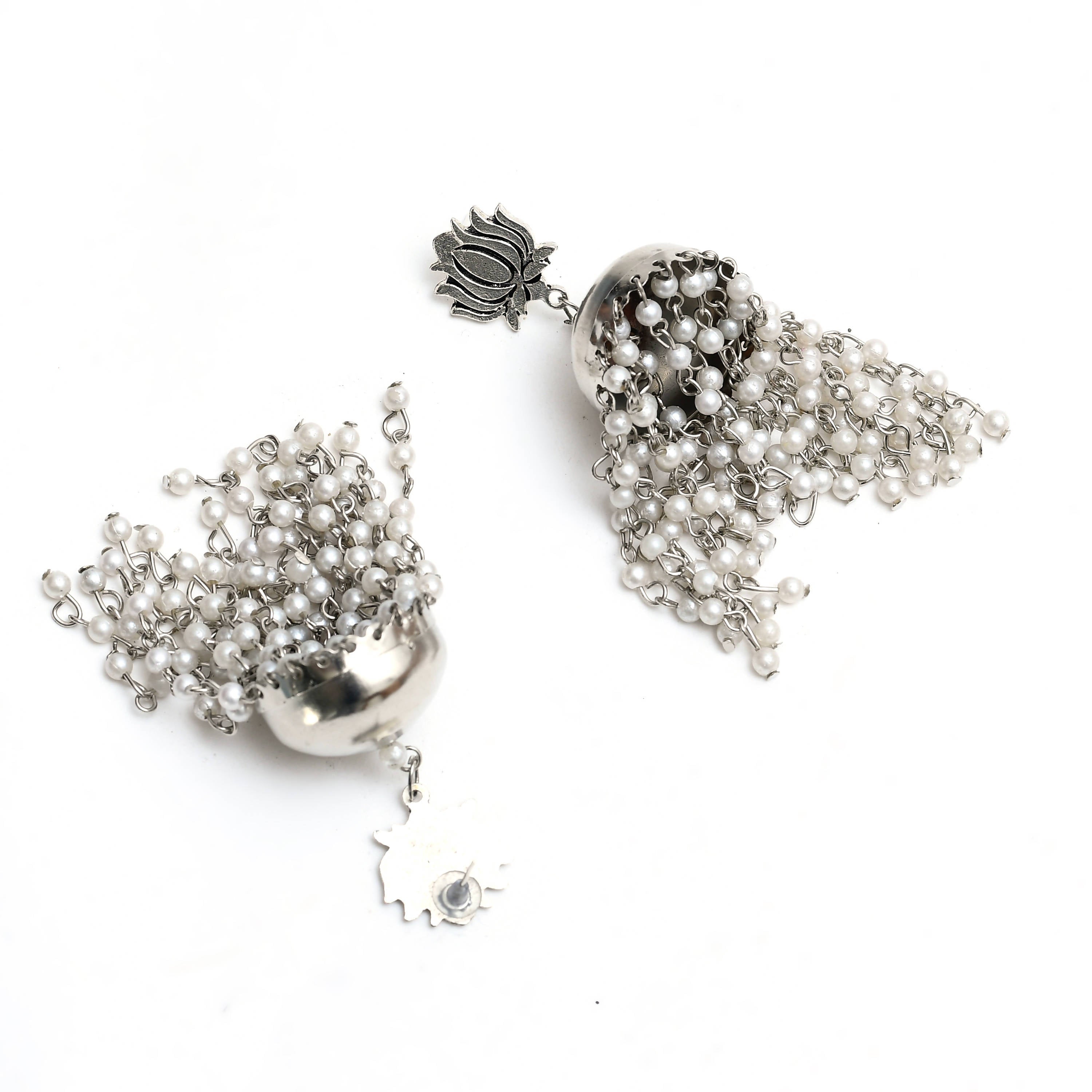 Johar Kamal Silver-Plated Lotus design Earrings with Pearls Jh