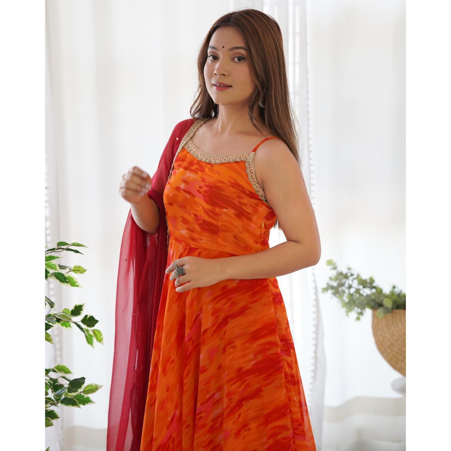 Women's Orange And Red Bandhani Anarkali Kurta With Dupatta - Rangpur