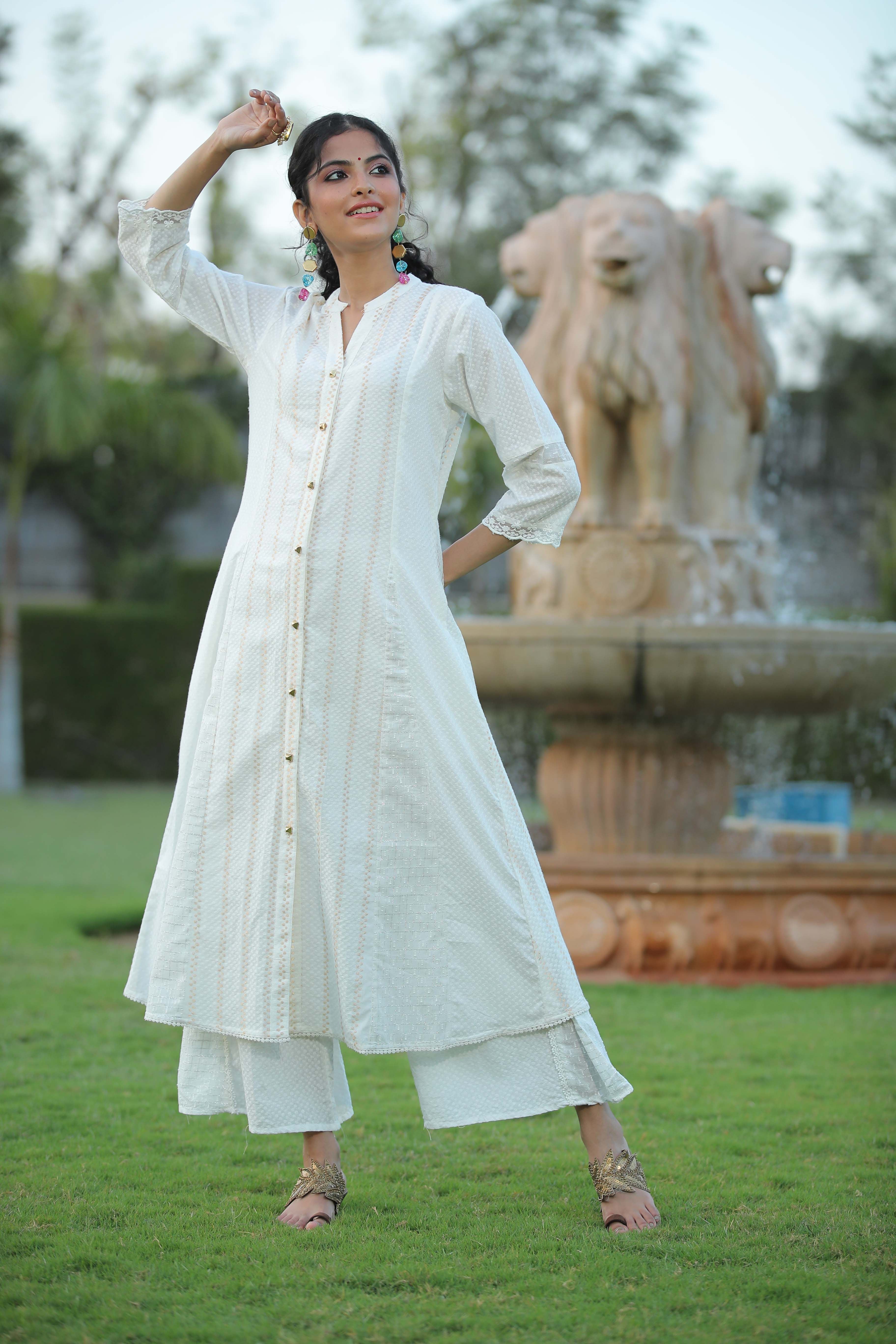 Women's White Cotton Dobby Printed A-Line Kurta With Mask - Final Clearance Sale