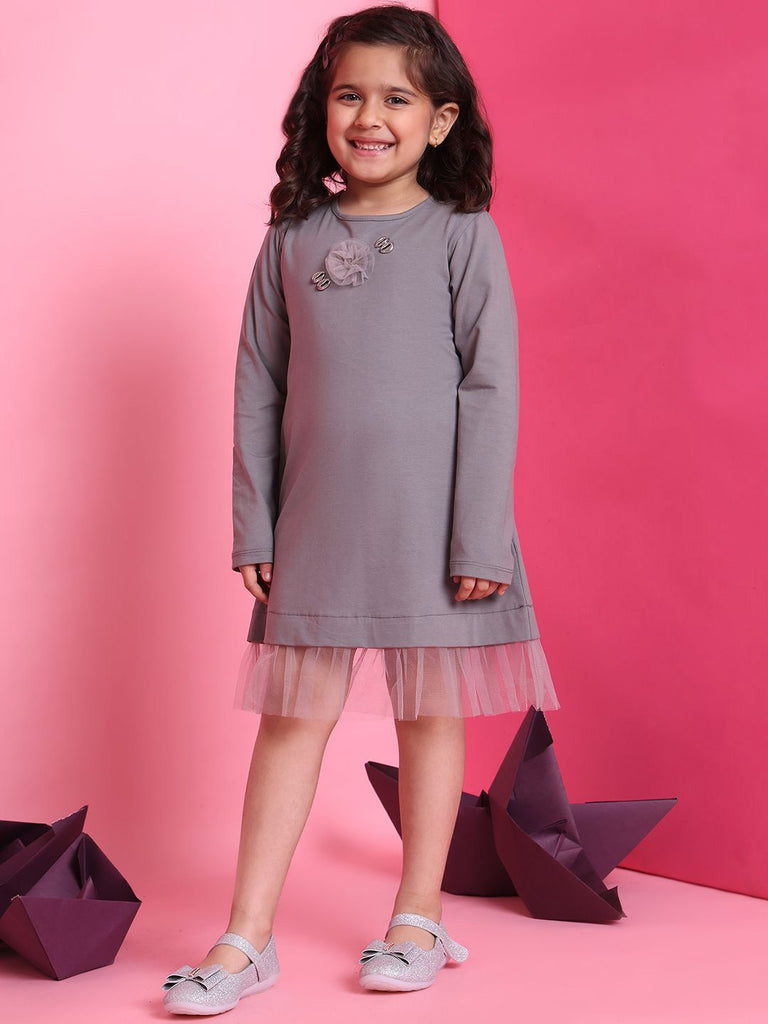Girl's Grey Cotton Solid Dress