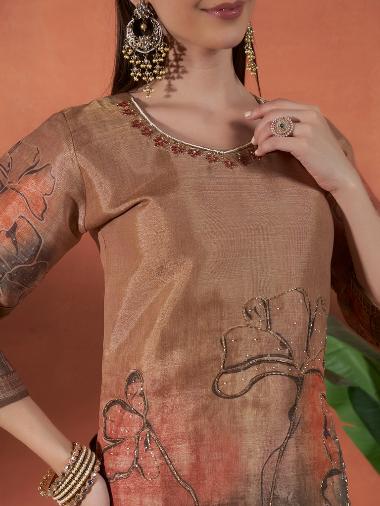 Women's Brown Erode Silk Digital & Hand Work Kurta Set
