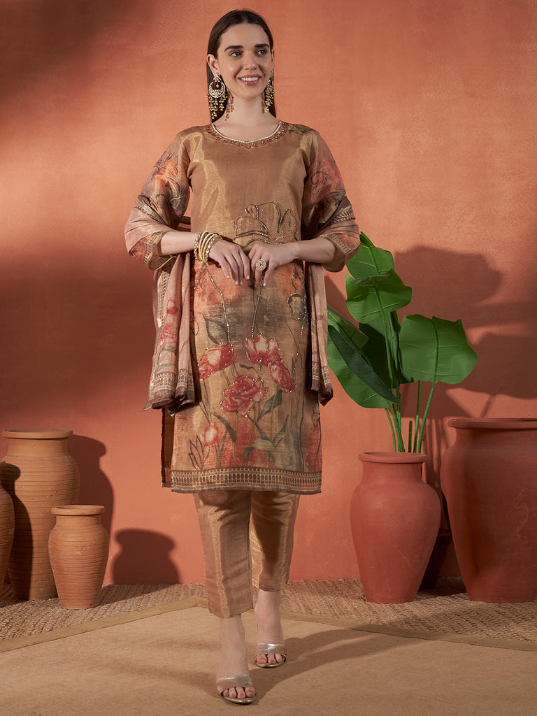 Women's Brown Erode Silk Digital & Hand Work Kurta Set
