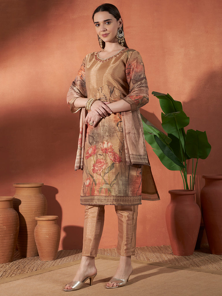 Women's Brown Erode Silk Digital & Hand Work Kurta Set