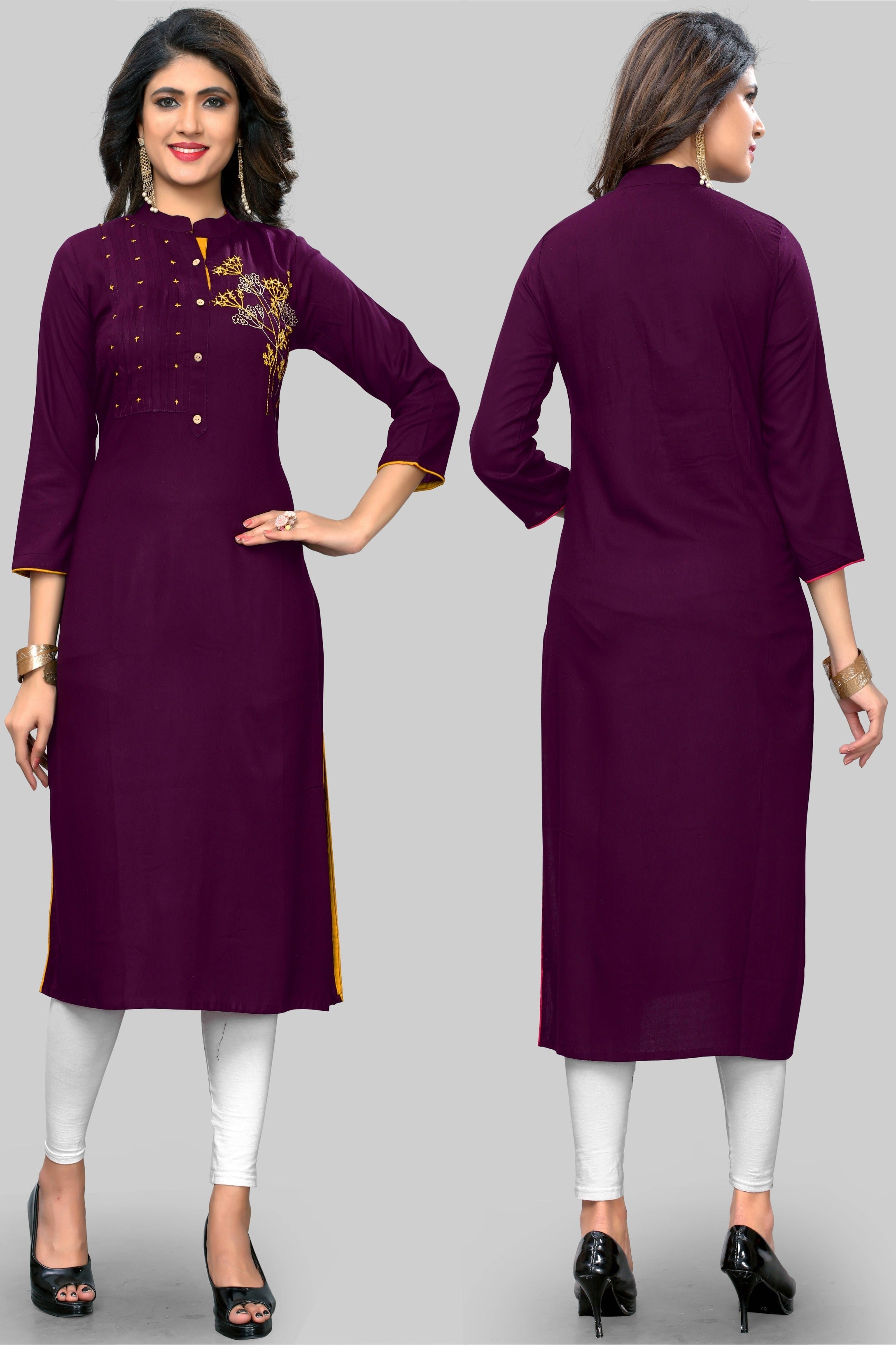 Women's Embroidered Straight Rayon Purple Kurta Only