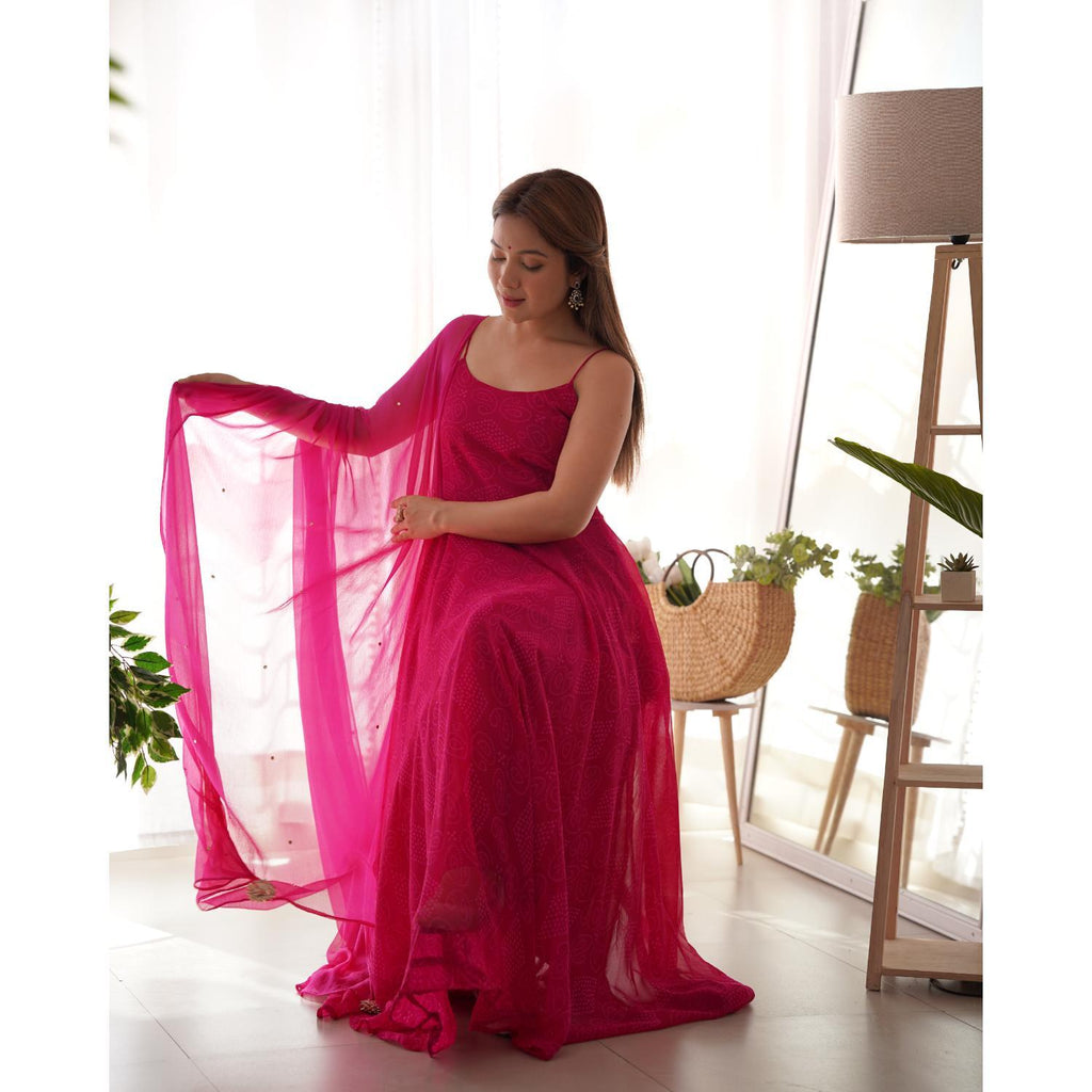 Women's Magenta Bandhani Anarkali Kurta With Dupatta