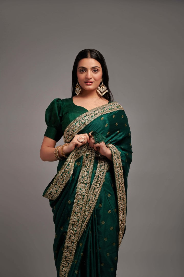 Women's Green Chinnon Embroidery Saree - Teeya Creation