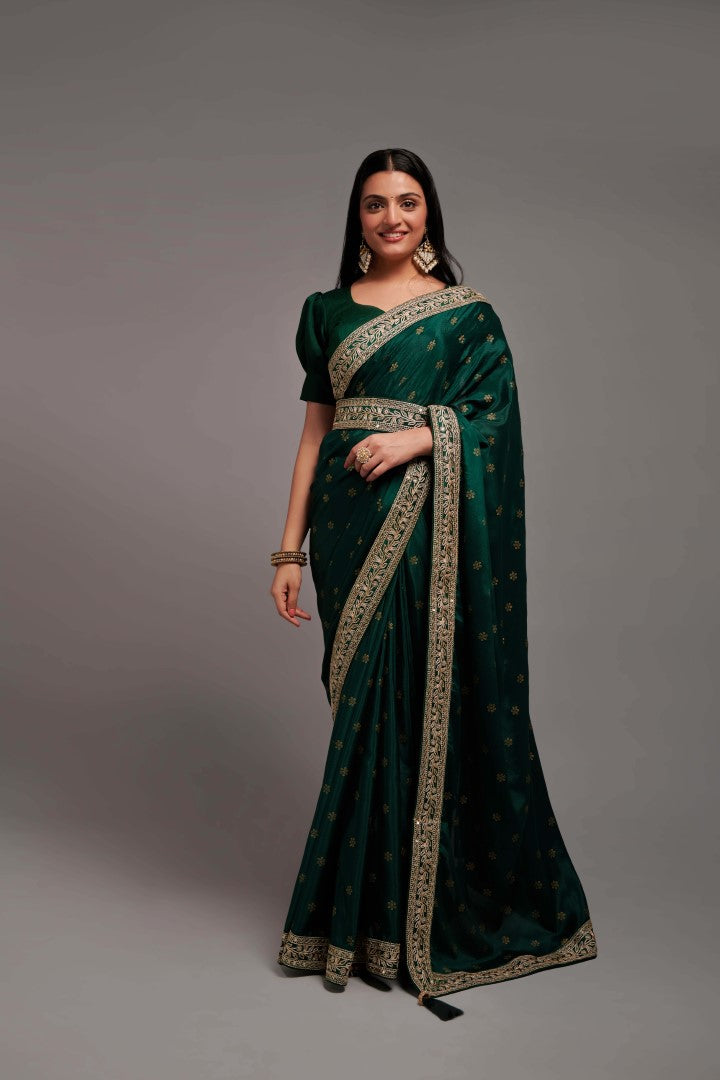 Women's Green Chinnon Embroidery Saree - Teeya Creation