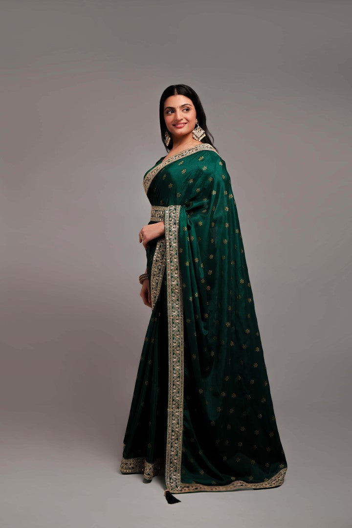 Women's Green Chinnon Embroidery Saree - Teeya Creation