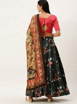 Women's Digital Print Shiney Satin Semistitched Lehenga Choli With Unstitched Blouse And Thred Work Dupatta