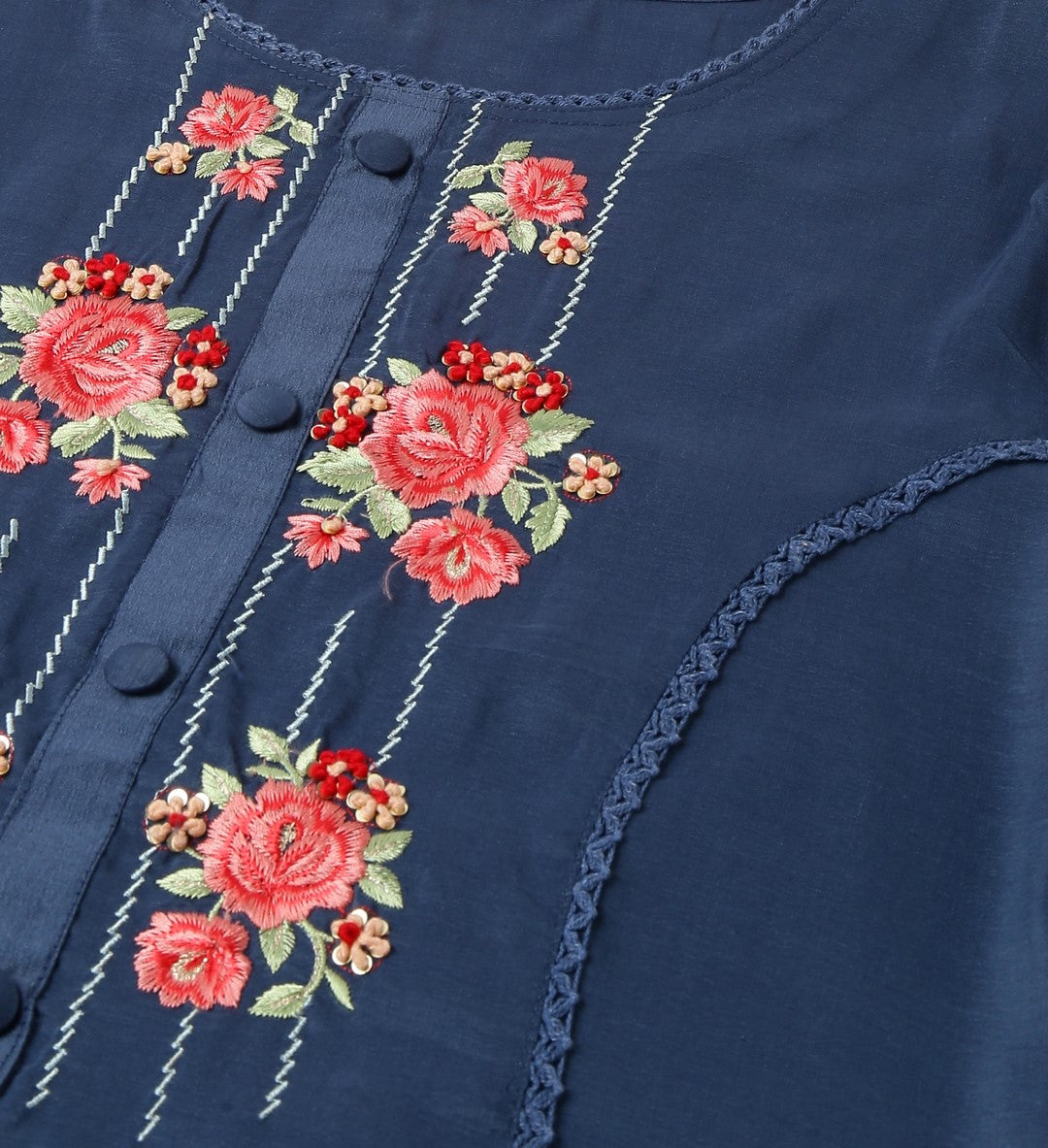 Women's Navy Blue Chinon Embroidered Straight Kurta With Trouser & Dupatta - Navyaa