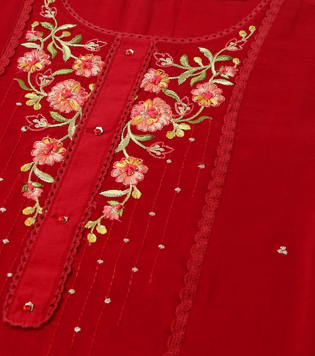 Women's Red Chinon Embroidered Straight Kurta With Trouser & Dupatta - Navyaa