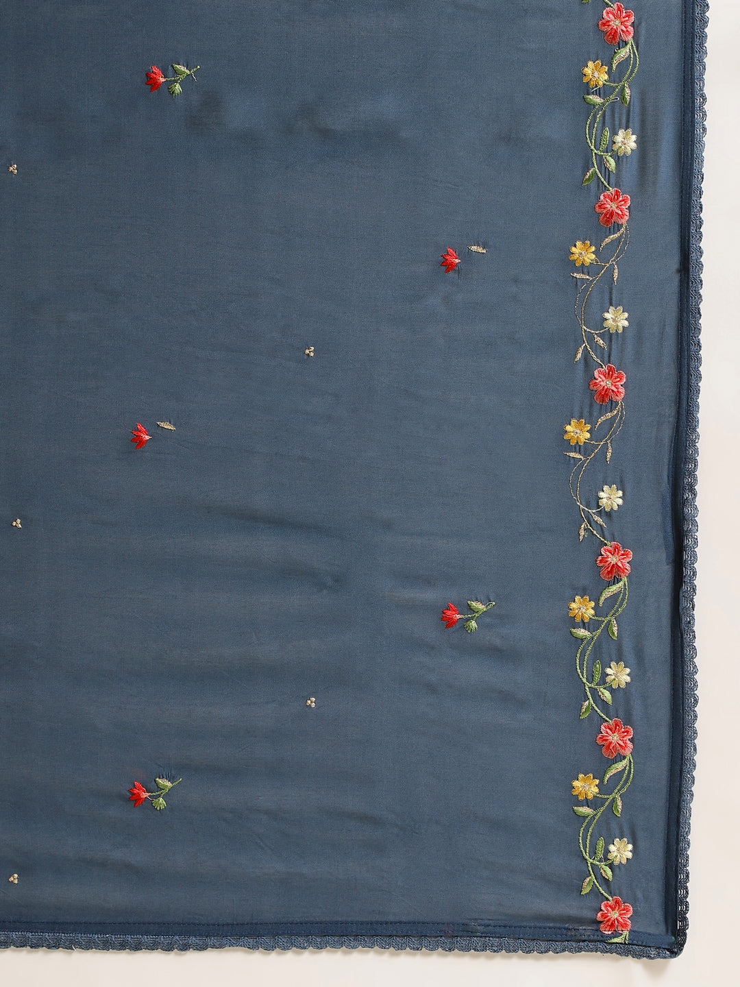 Women's Blue Chinon Embroidered Straight Kurta With Trouser & Dupatta - Navyaa