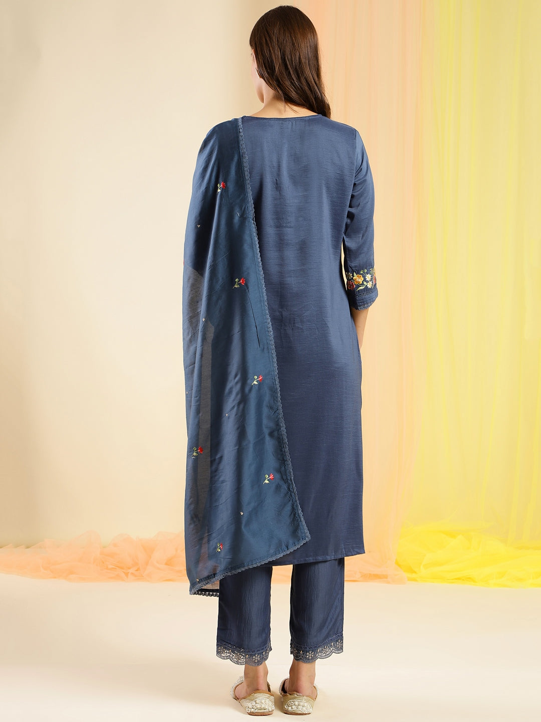 Women's Blue Chinon Embroidered Straight Kurta With Trouser & Dupatta - Navyaa