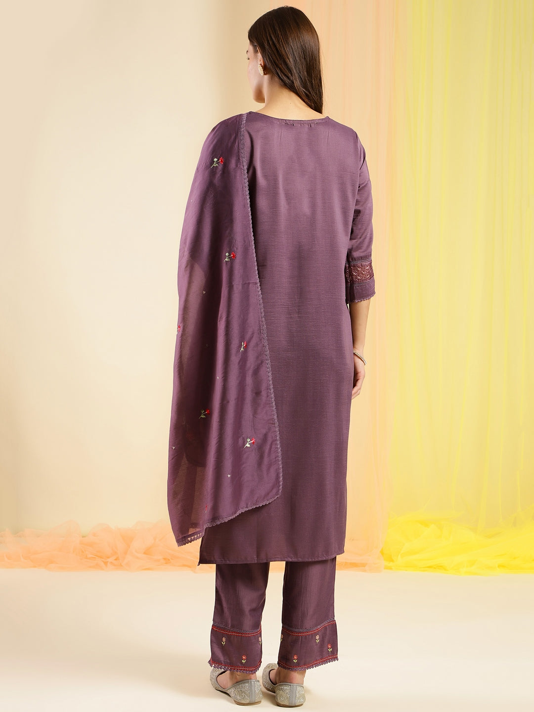 Women's Purple Chinon Embroidered Straight Kurta With Trouser & Dupatta - Navyaa