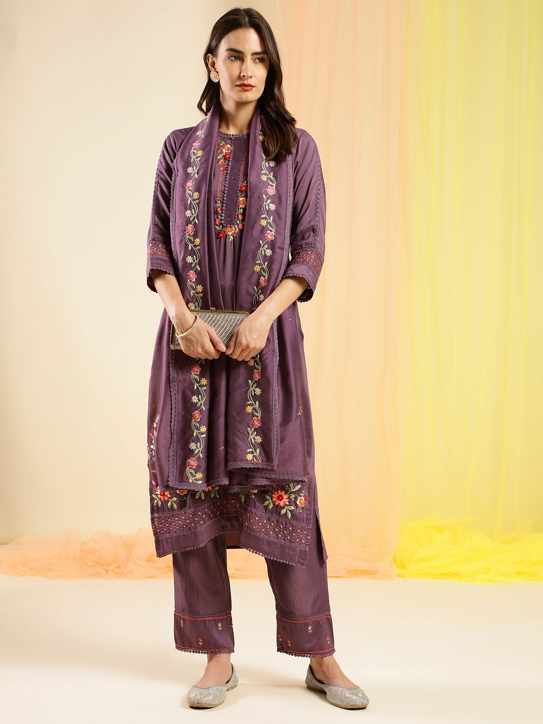 Women's Purple Chinon Embroidered Straight Kurta With Trouser & Dupatta - Navyaa