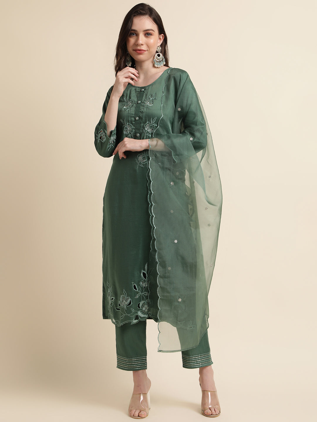 Women's Green Chinon Silk Embroidered Straight Kurta With Trouser & Dupatta - Navyaa