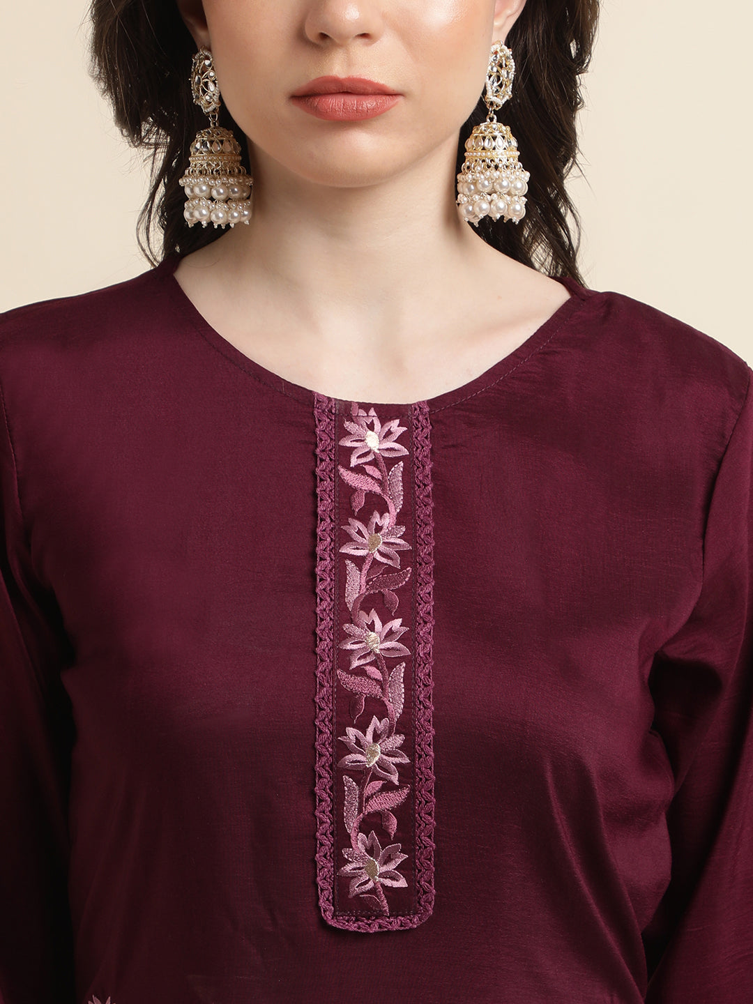 Women's Purple Chinon Silk Embroidered Straight Kurta With Trouser & Dupatta - Navyaa