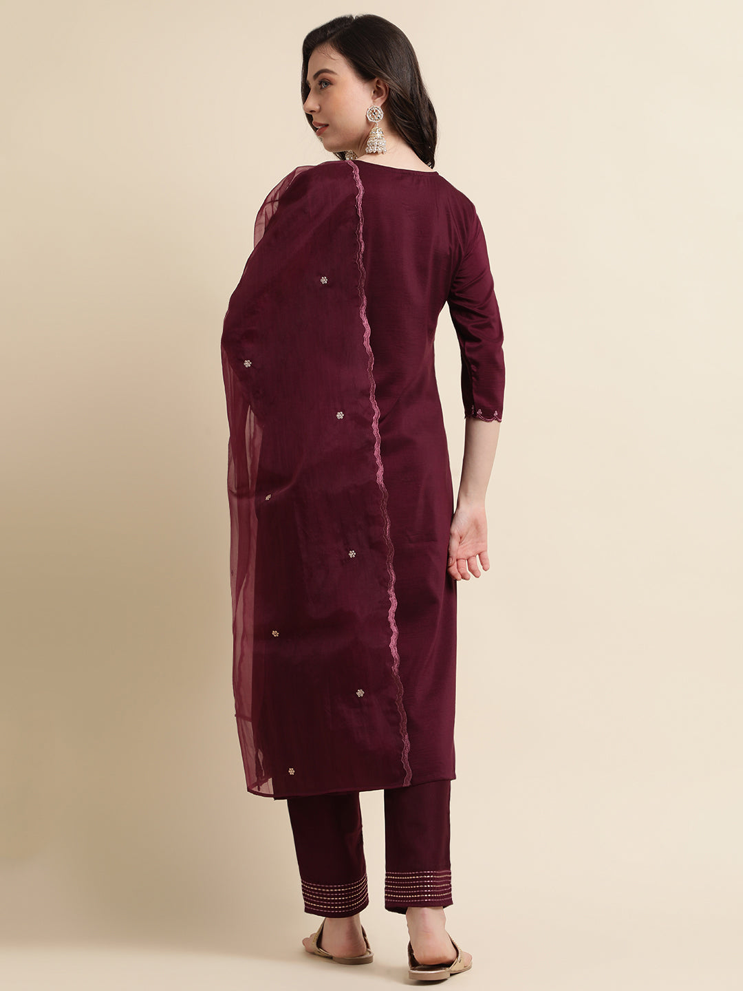 Women's Purple Chinon Silk Embroidered Straight Kurta With Trouser & Dupatta - Navyaa