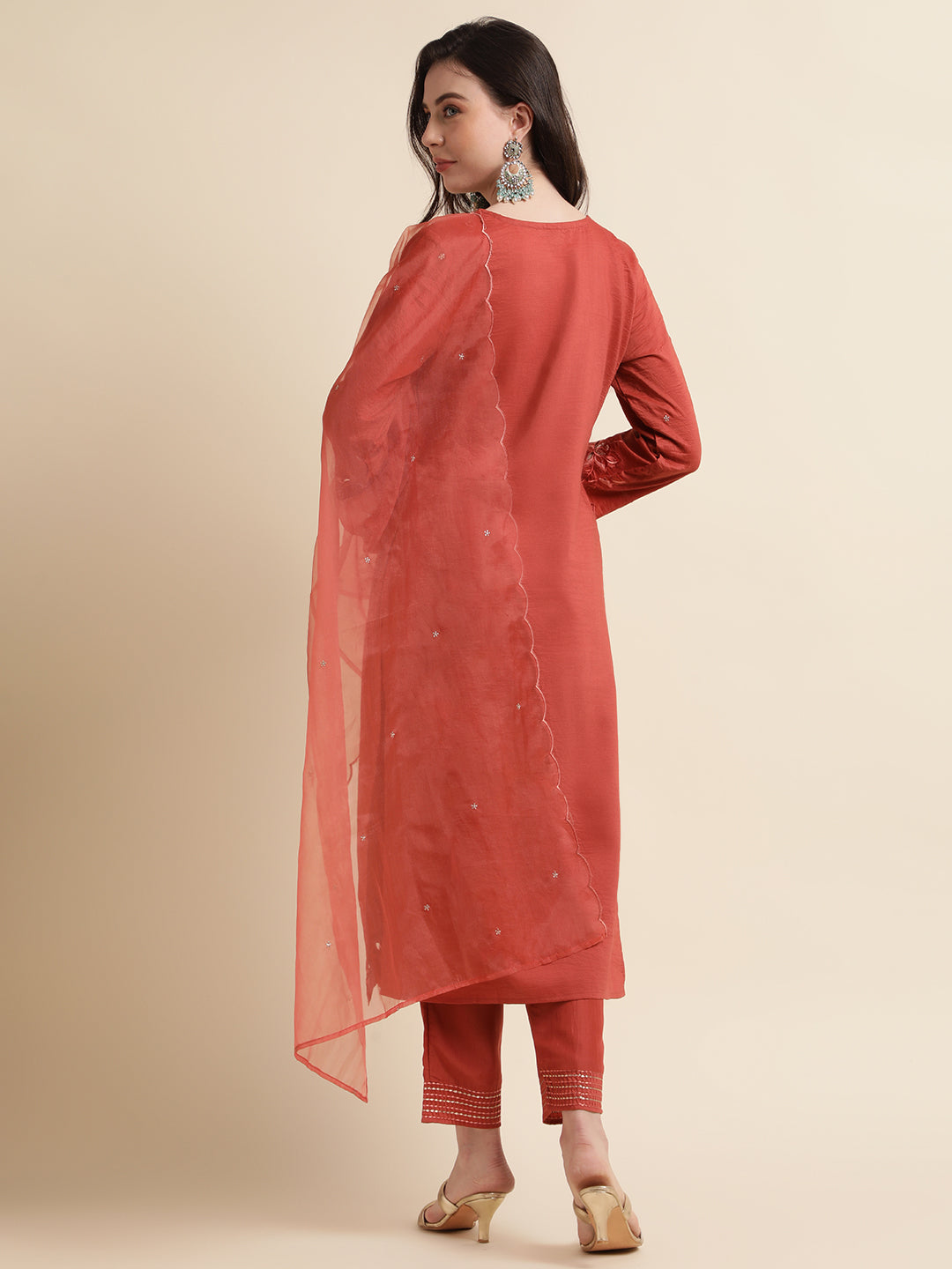 Women's Orange Chinon Silk Embroidered Straight Kurta With Trouser & Dupatta - Navyaa