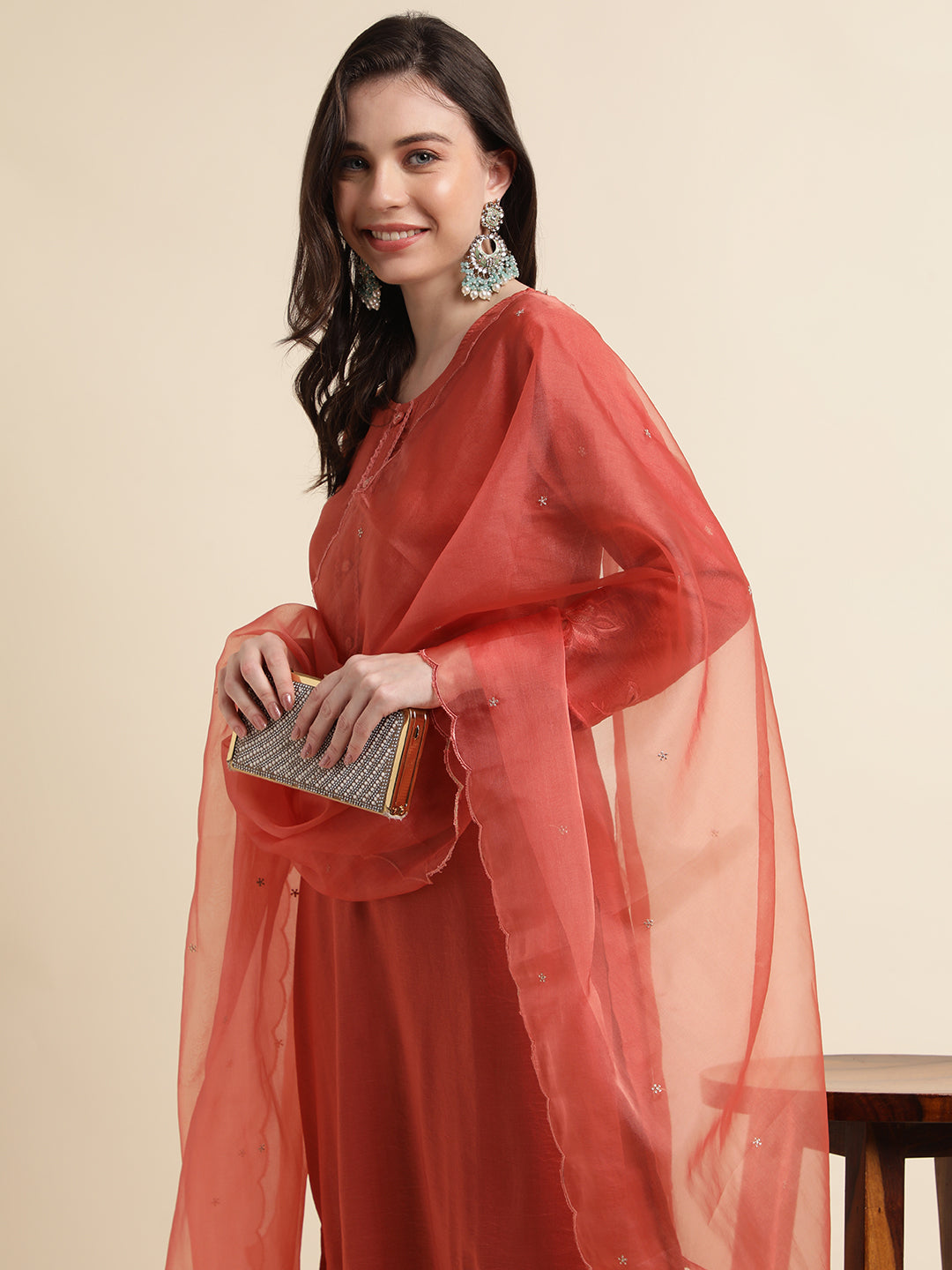 Women's Orange Chinon Silk Embroidered Straight Kurta With Trouser & Dupatta - Navyaa