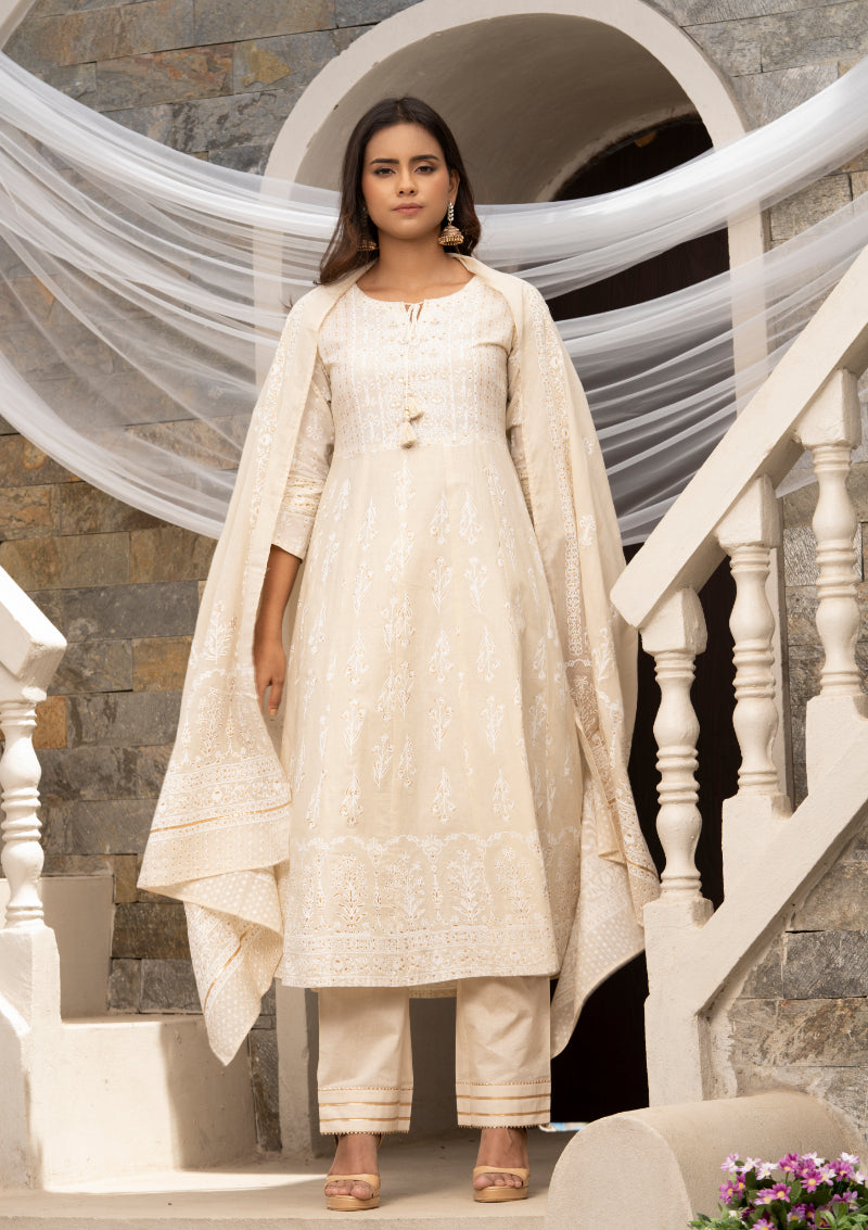 Women's Off White Cotton Cambric Printed With Sequins Work Anarkali Kurta With Pant & Dupatta - Navyaa