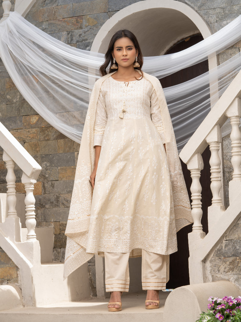 Women's Off White Cotton Cambric Printed With Sequins Work Anarkali Kurta With Pant & Dupatta - Navyaa