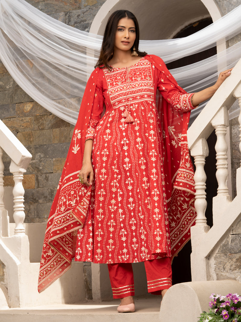 Women's Red Cotton Cambric Printed With Sequins Work Anarkali Kurta With Pant & Dupatta - Navyaa